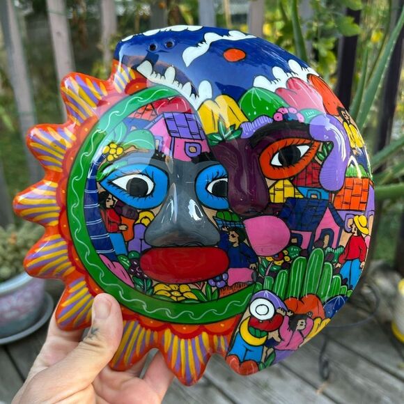 Mexican Folk Art Talavera Moon Sun Eclipse Hand Painted Clay Wall Hanging 8.5" - Picture 1 of 16